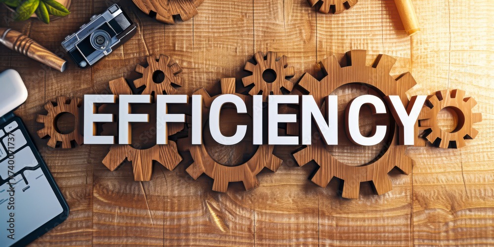 efficiency written on wooden plate with gears